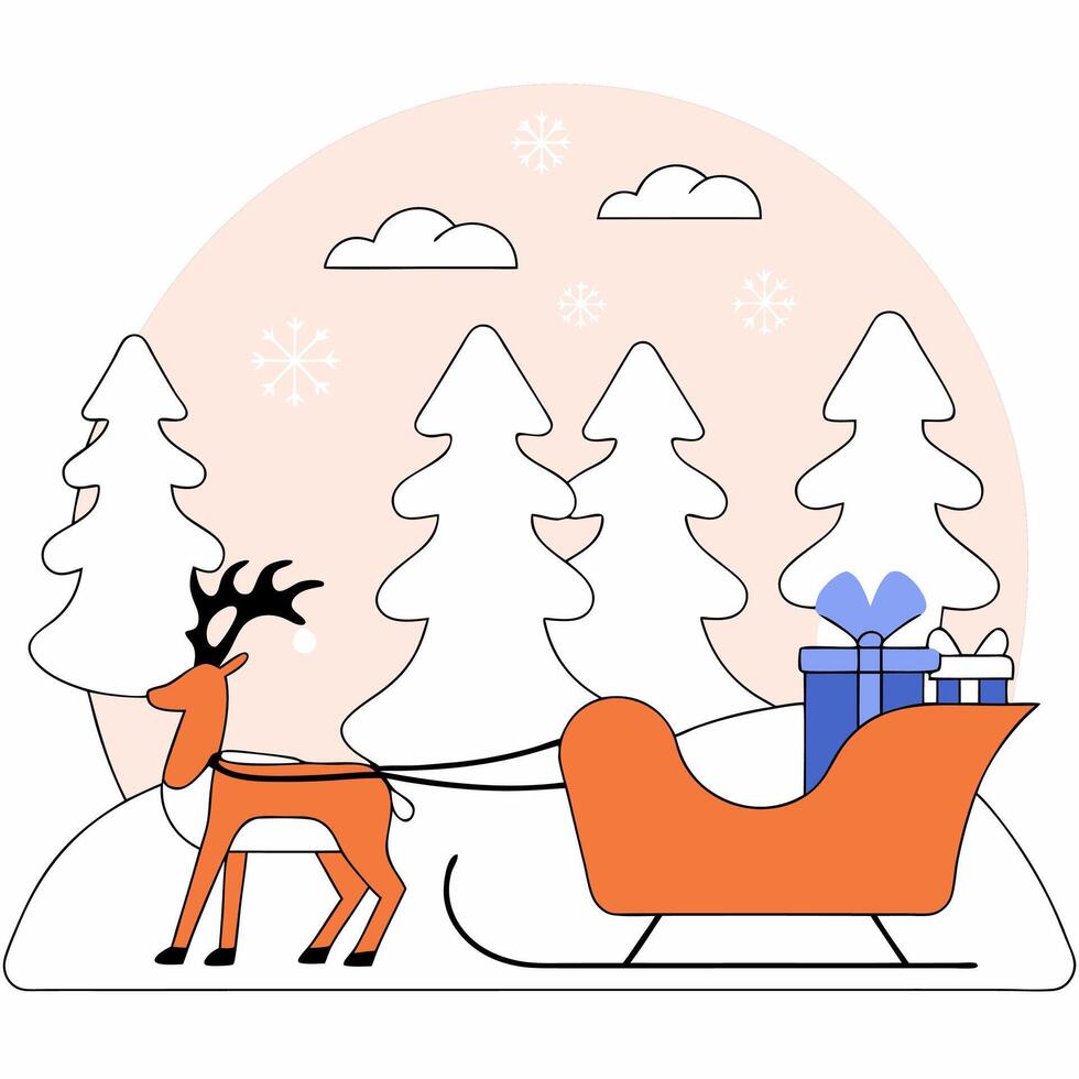 Christmas Reindeer Sleigh Gifts Line Art Illustration Festive Winter Scene. vector