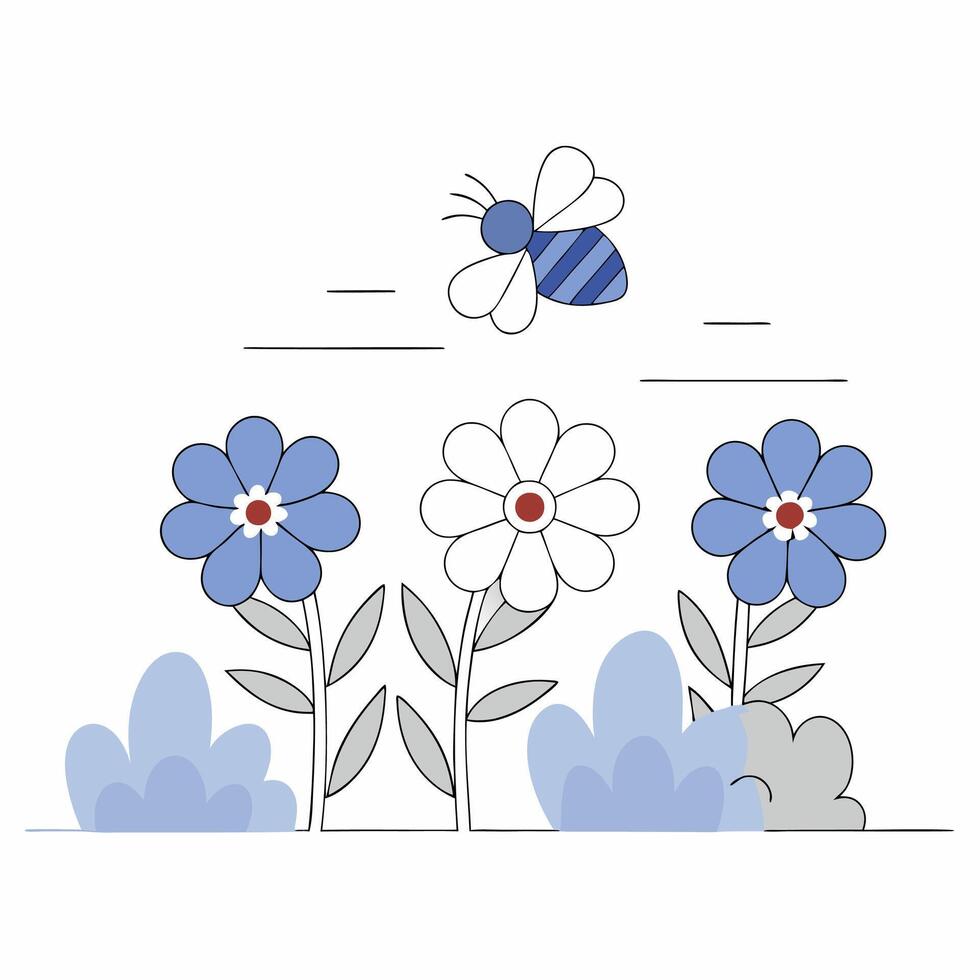 Cute Bee and Flowers Line Art Illustration Spring Floral Design. vector