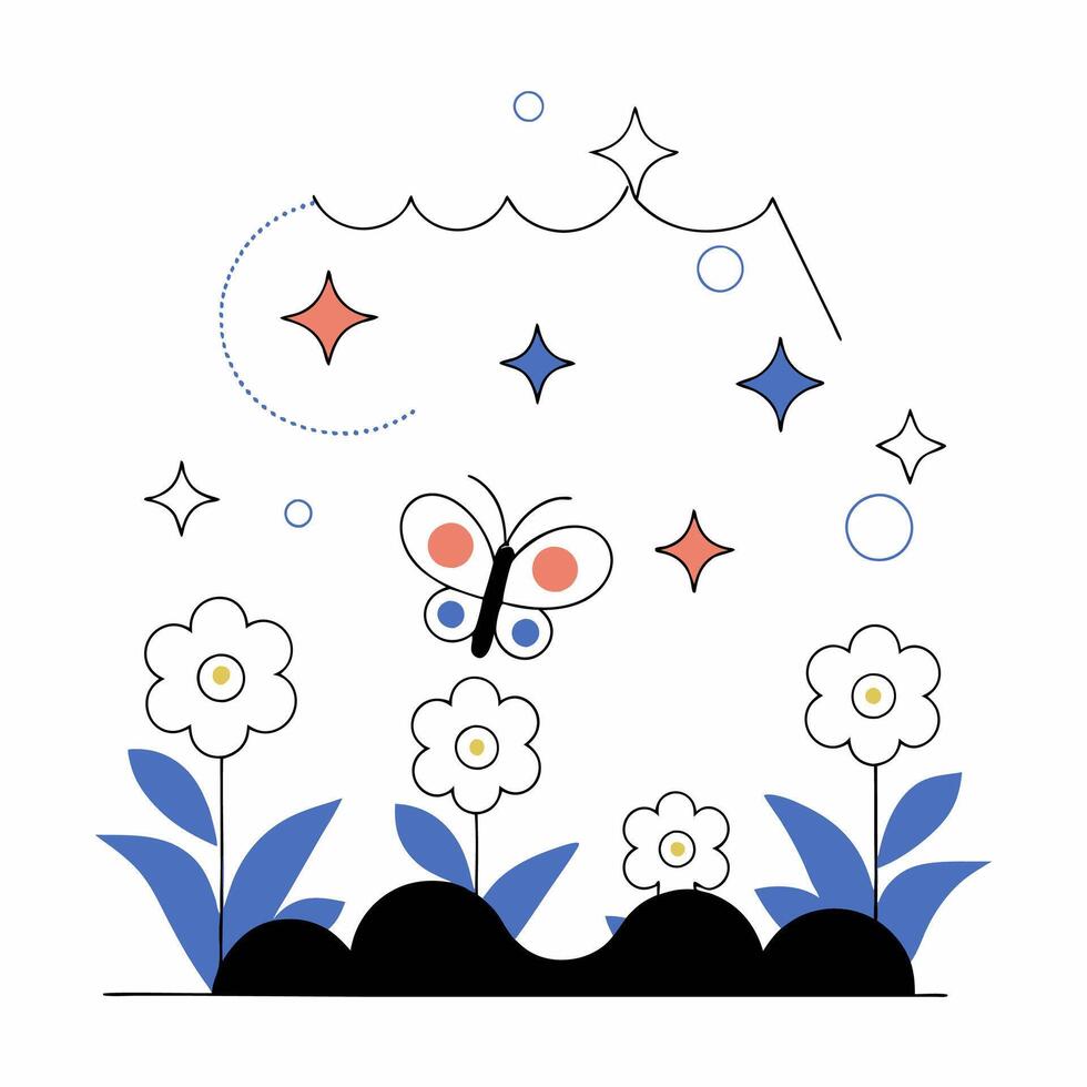 Pastel Spring Butterfly and Flowers Illustration Whimsical Floral Design. vector