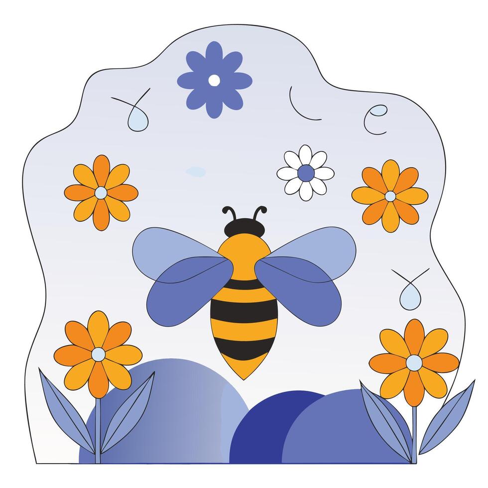 Happy Bee in Flower Garden Colorful Flat Style Illustration. vector