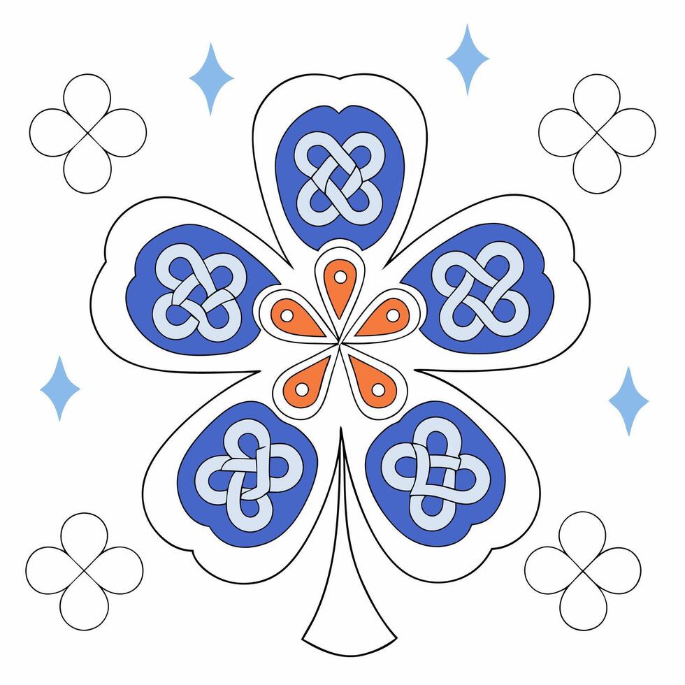 Celtic Knotwork Clover Blue, Orange, Five Leaf Design St. vector