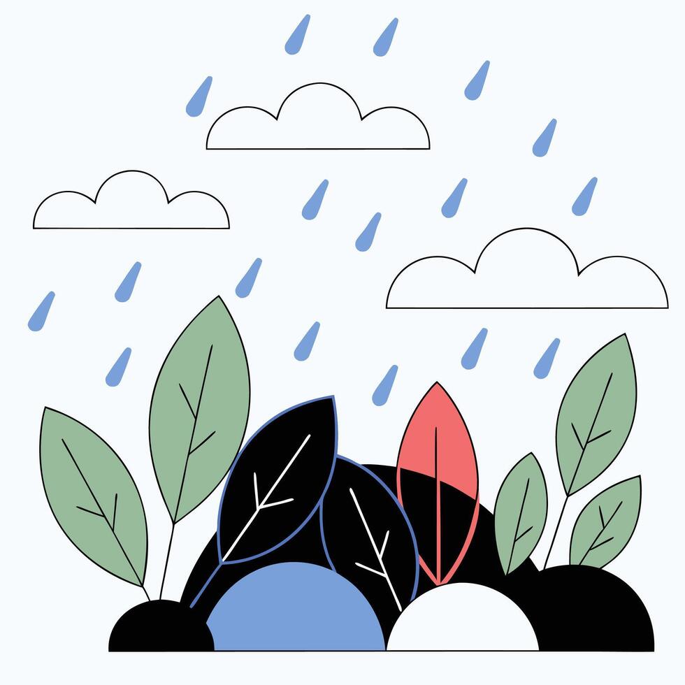 Rainy Day Illustration Green and Red Leaves, Simple Clouds. vector