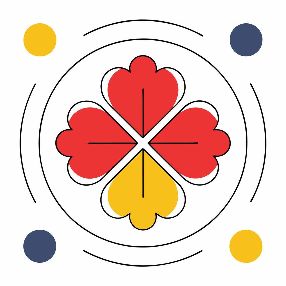 Minimalist Red and Yellow Four Leaf Clover Flower Design Graphic. vector