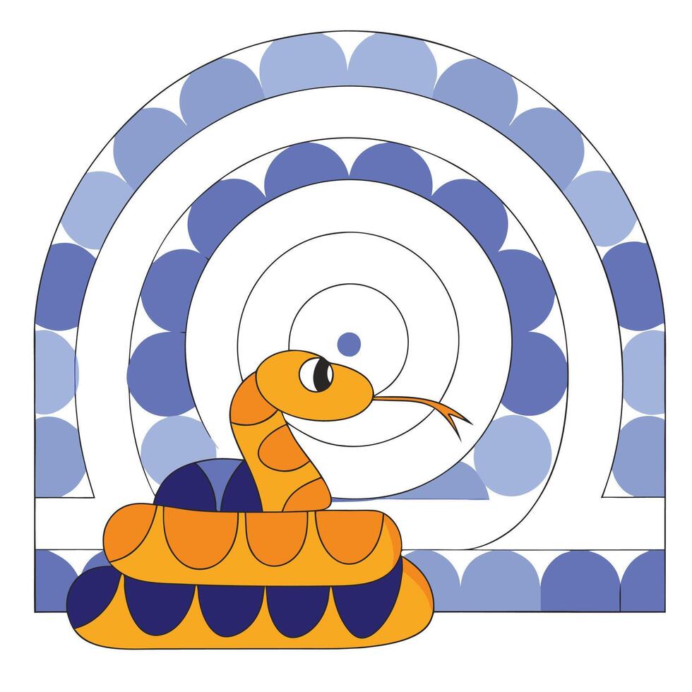 Cute Orange Snake Illustration, Concentric Circles, Kids Design, Graphic. vector