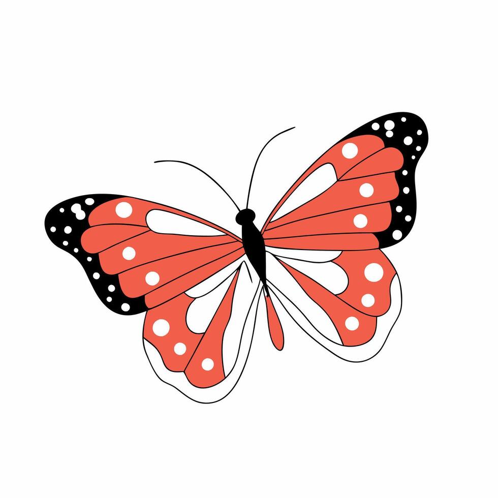 Coral Butterfly Illustration Spring Nature Design Polka Dots, White. vector