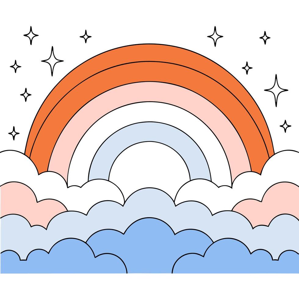 Pastel Rainbow Clouds Stars Illustration Soft Colors, Dreamy Design. vector