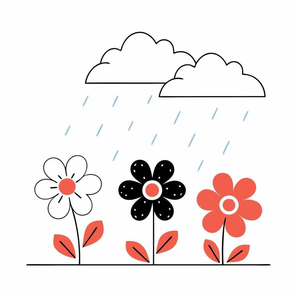 Rain on Flowers Minimalist Black, White. vector
