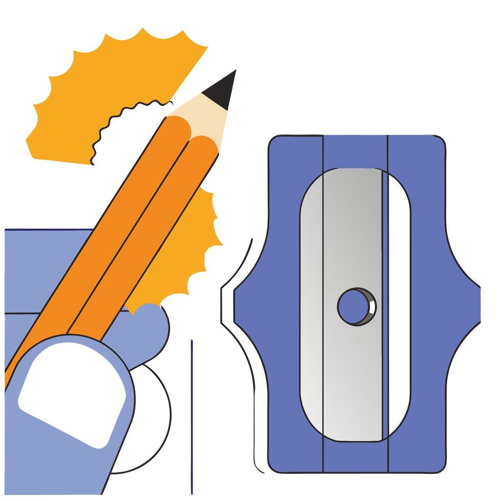 Pencil Sharpening Illustration Orange Pencil, Blue Sharpener. vector