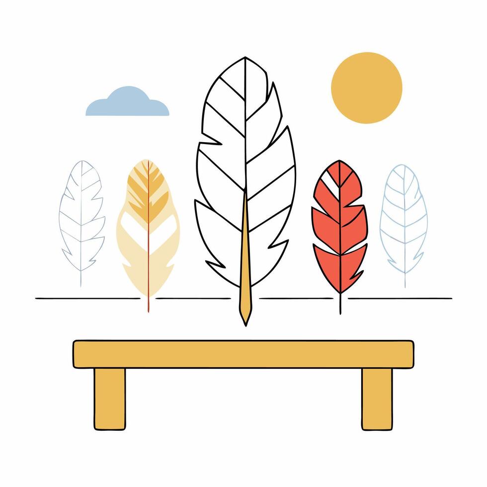 Minimalist Feather Park Bench Illustration Calm Colors, Nature Scene. vector