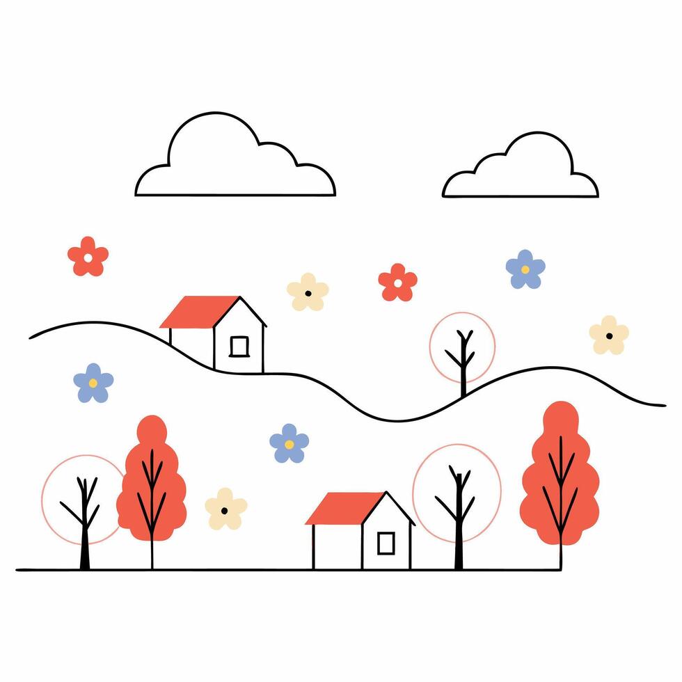 Minimalist Landscape Red Houses, Autumn Trees. vector