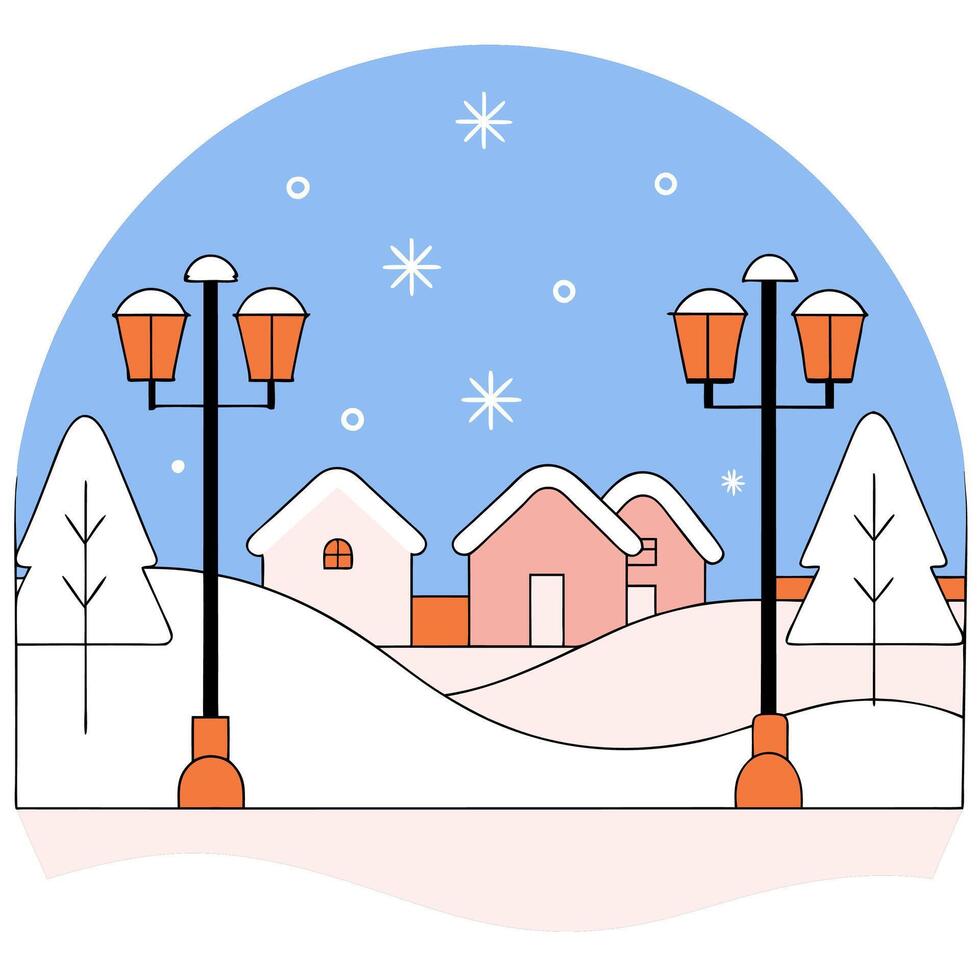 Winter Village Scene Snowy Houses, Festive Lights. vector