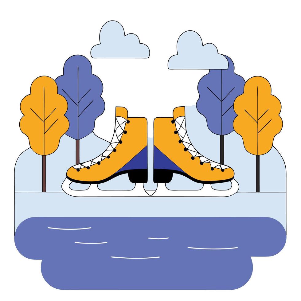 Winter Ice Skates Illustration Flat Style, Orange and Blue. vector
