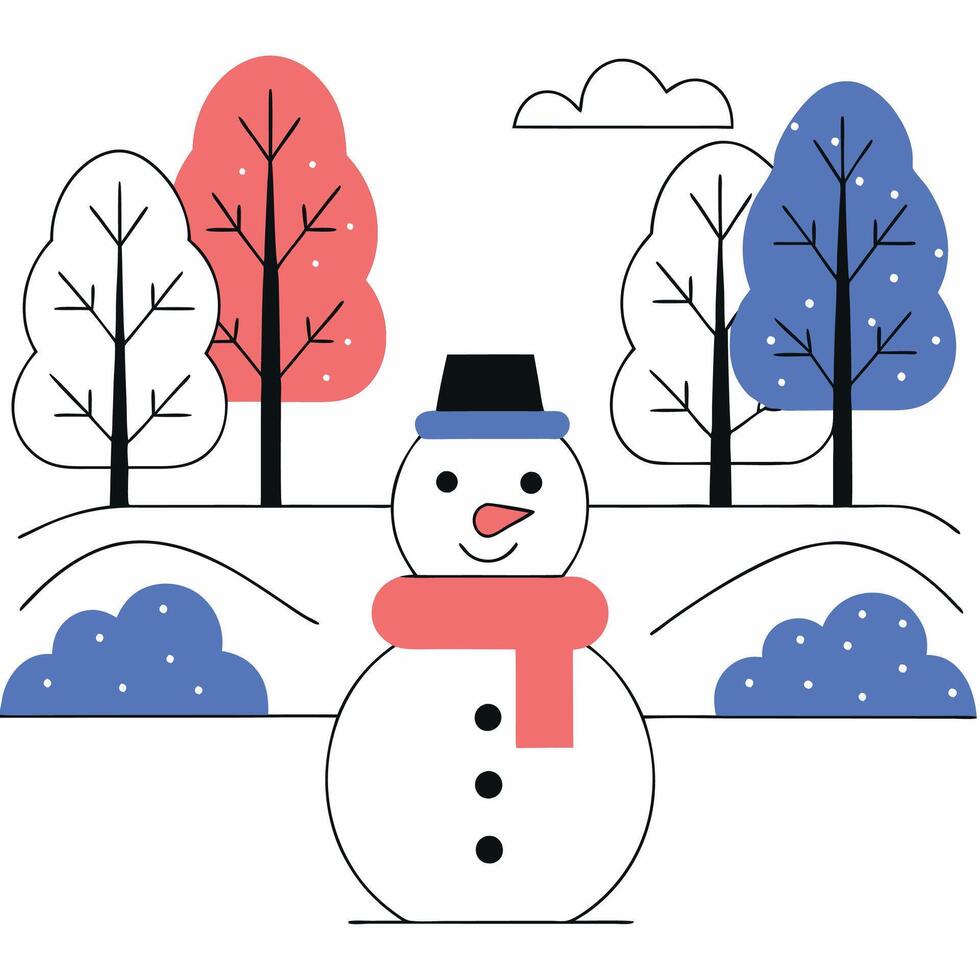 Charming Snowman Winter Scene Illustration Flat Style, Red Scarf. vector