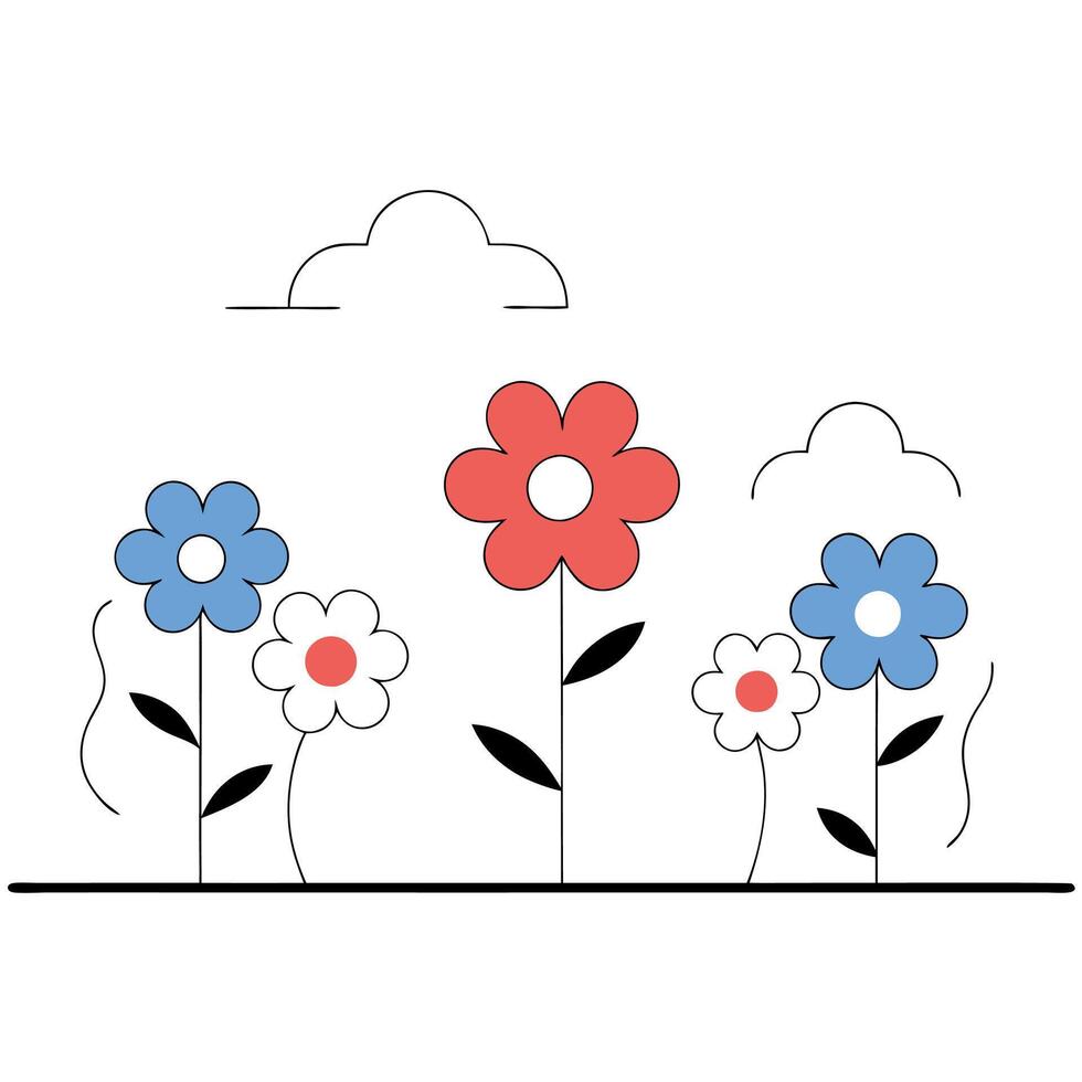 Minimalist Red Blue White Flowers Illustration Spring Garden Design. vector