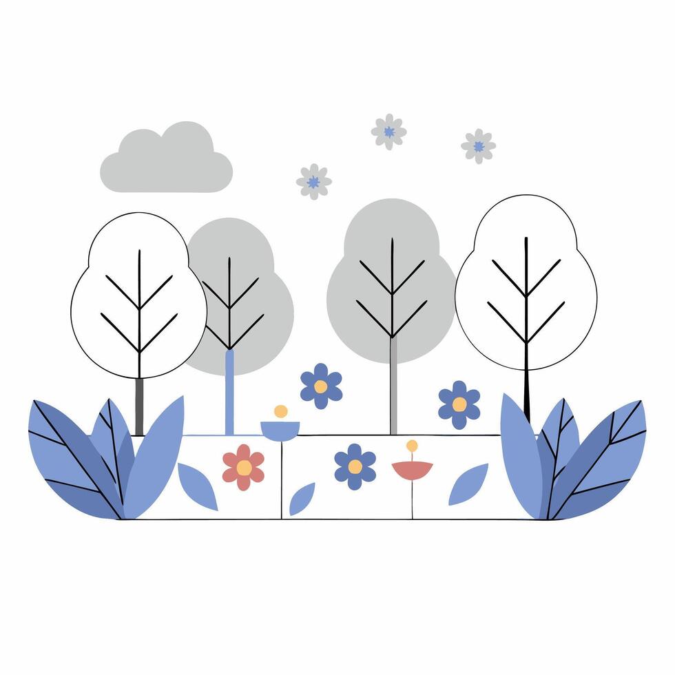 Minimalist Spring Landscape Stylized Trees, Blue Flowers. vector