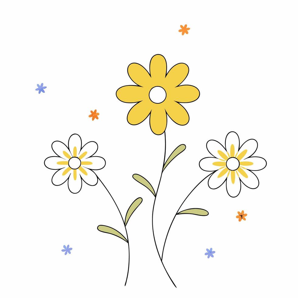 Pastel Yellow and White Daisies Spring Flower Line Art Illustration. vector