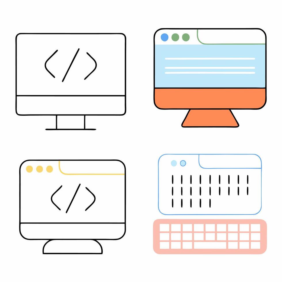 Pastel Computer and Coding Icons Web Design, App Development. vector