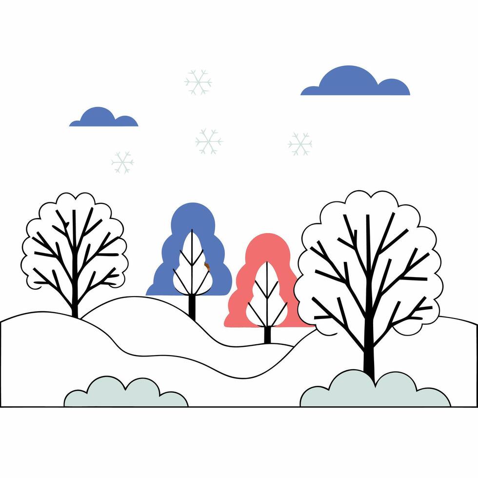 Winter Landscape Illustration Minimalist Trees, Snowy Hills. vector
