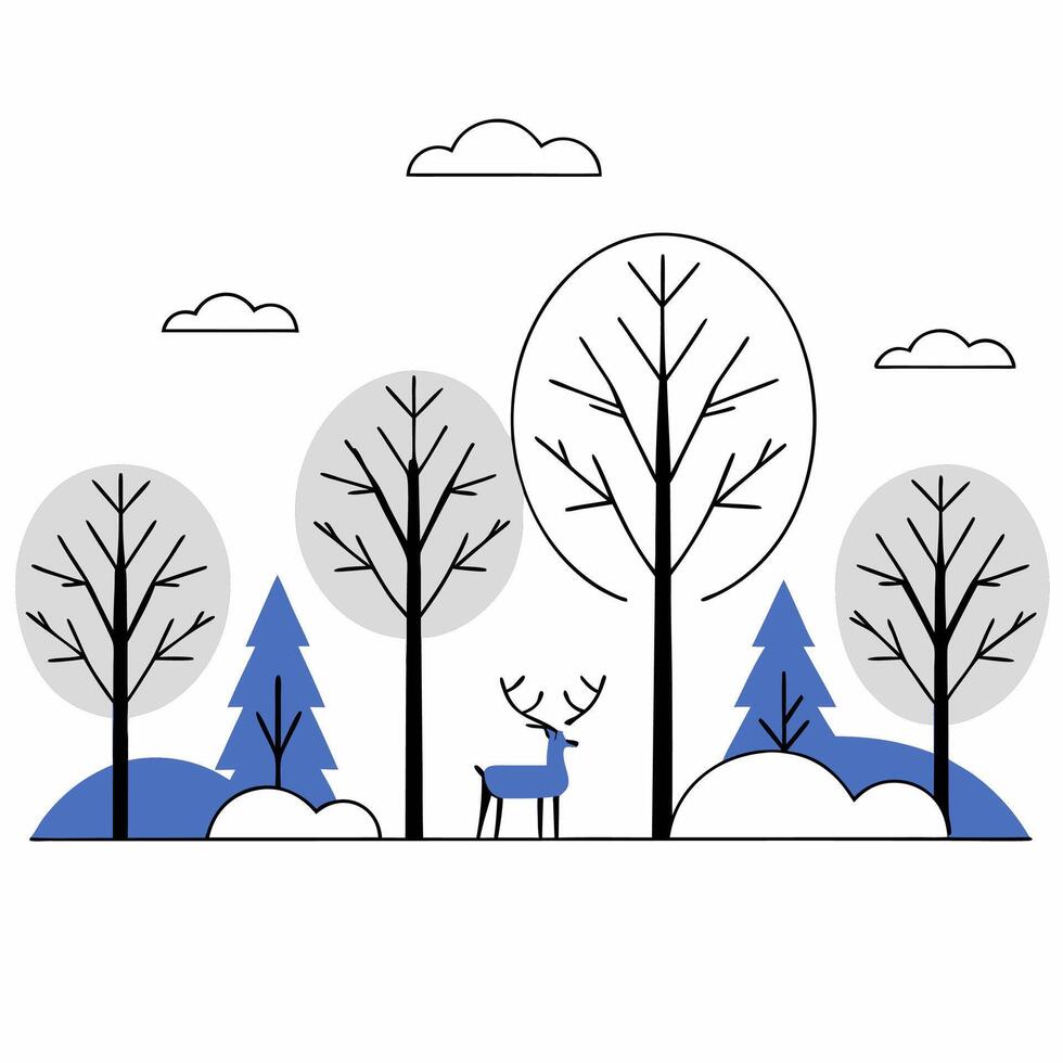 Minimalist Winter Deer Scene Blue Reindeer, Bare Trees. vector