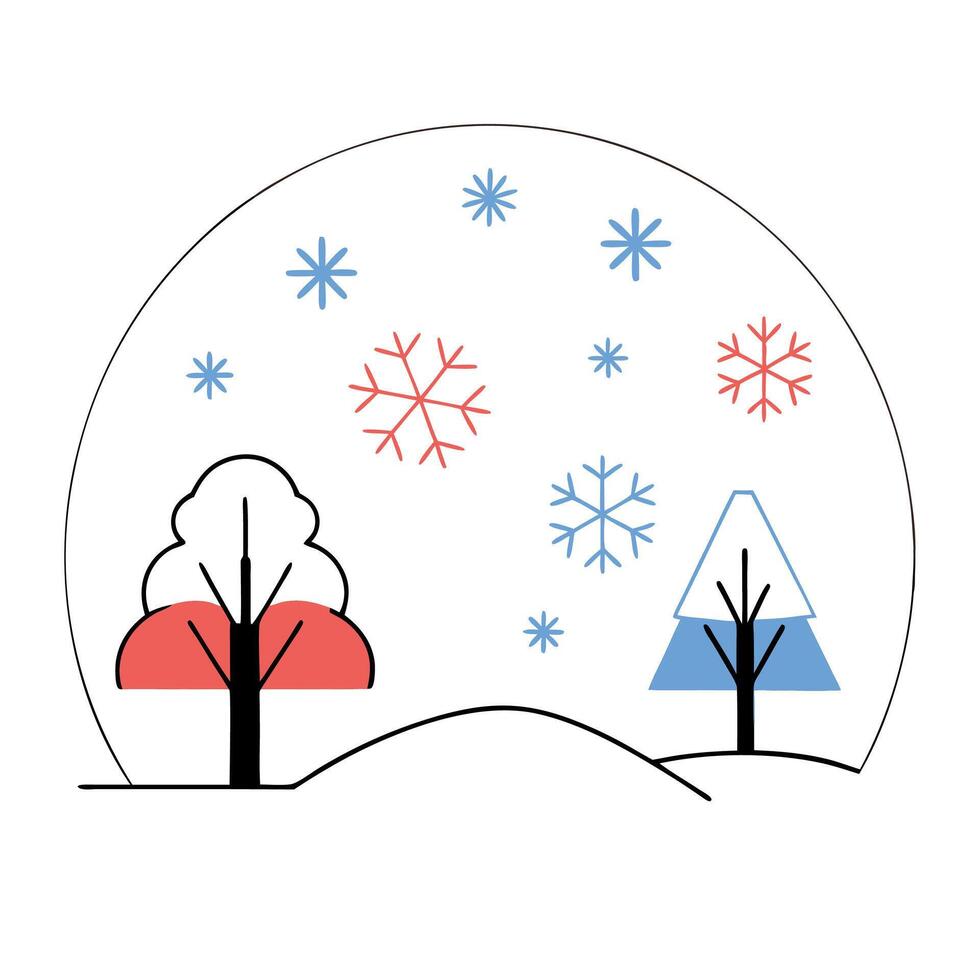 Minimalist Winter Scene Red and Blue Trees, Snowflakes. vector