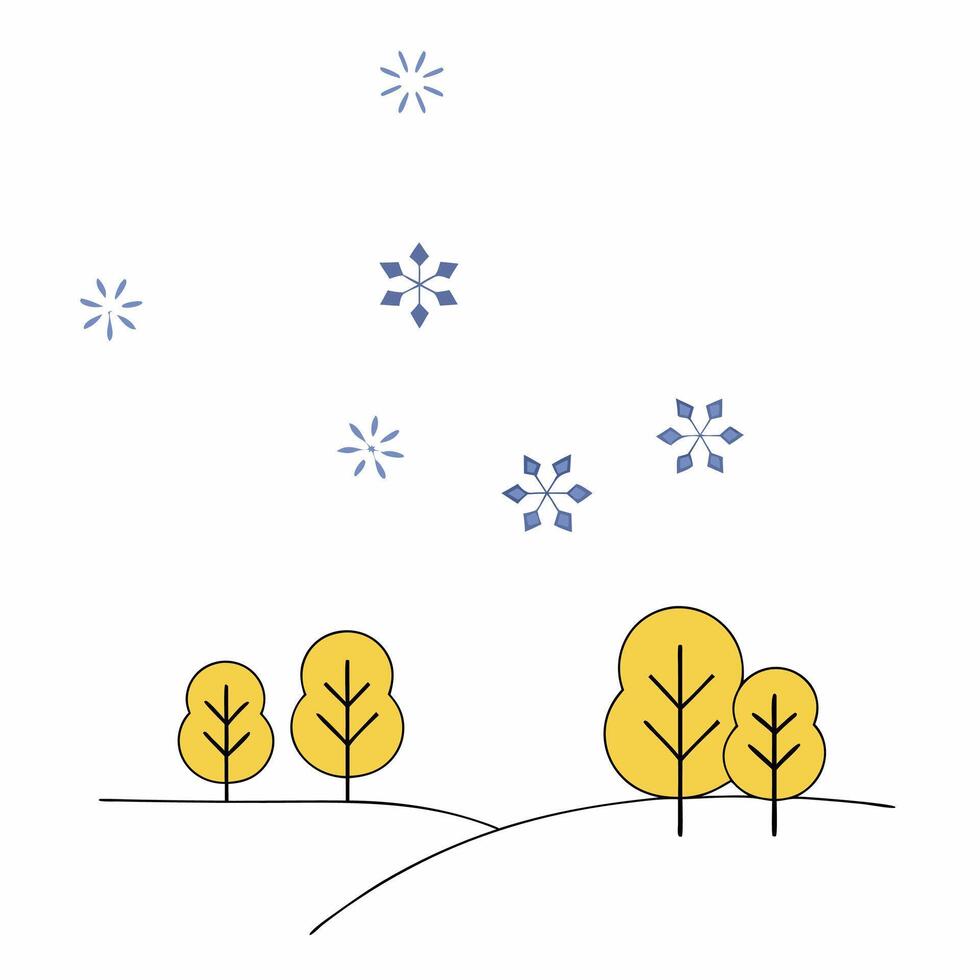 Minimalist Winter Scene Yellow Trees, Falling Snowflakes. vector