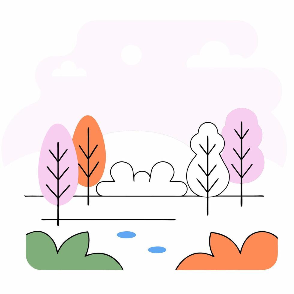 Pastel Autumnal Landscape Minimalist Lake and Trees Illustration. vector