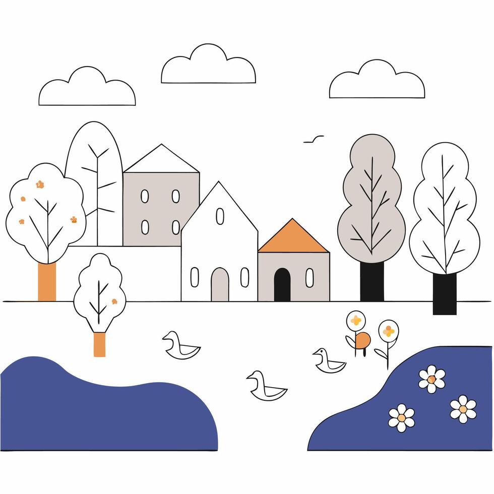 Minimalist Autumn Village Line Art Houses, Trees, Pond. vector