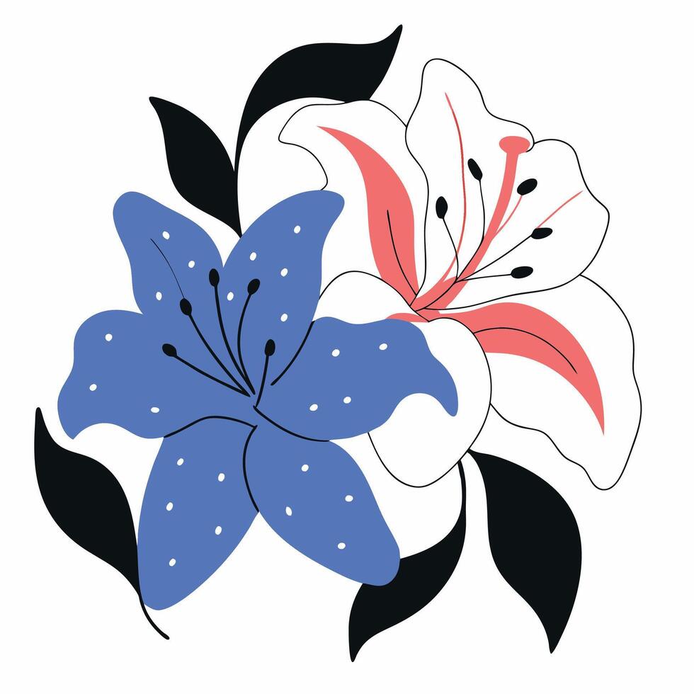 Elegant Blue and Coral Lily Flowers Minimalist Floral Design, Bold Colors. vector