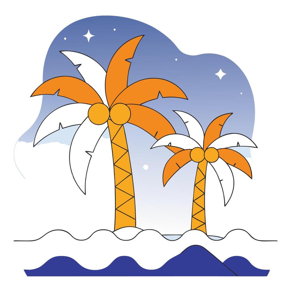 Two Palm Trees Night Scene Orange and White Beach Illustration. vector