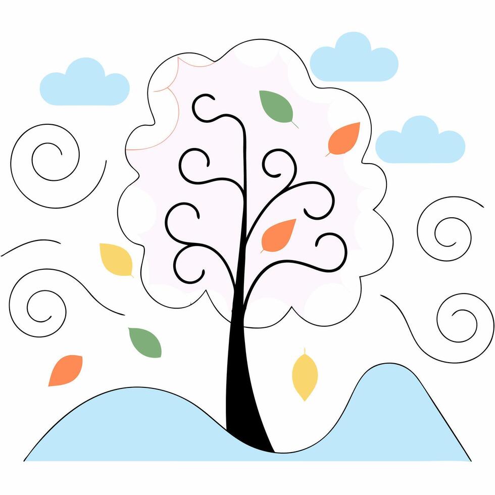 Autumn Tree Whimsical Illustration Colorful Leaves, Gentle Breeze. vector