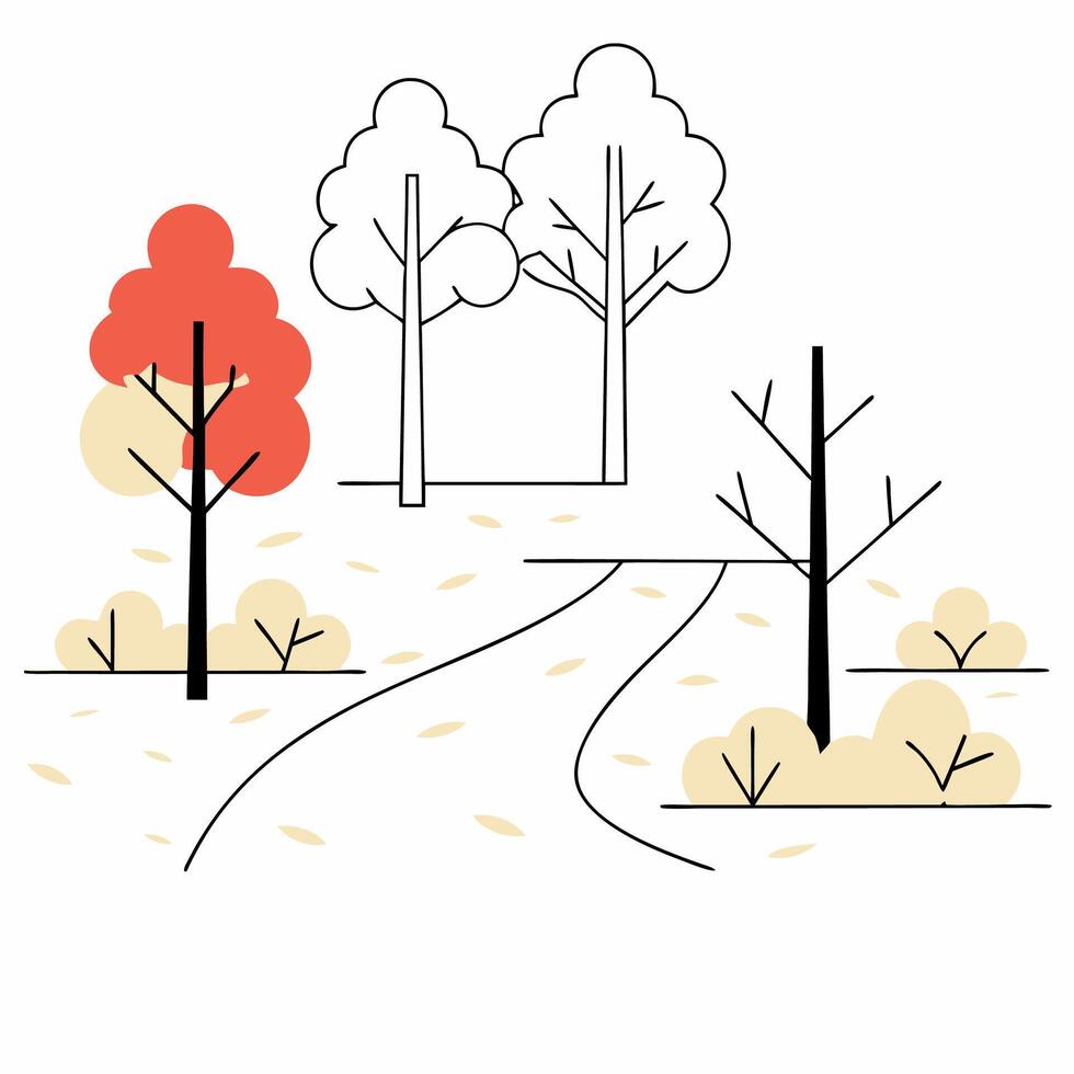 Autumn Park Path Minimalist Fall Landscape Illustration Red, White Trees. vector