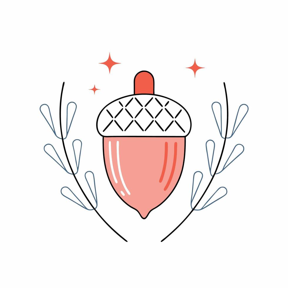 Autumn Acorn Illustration Coral, Line Art, Nature. vector