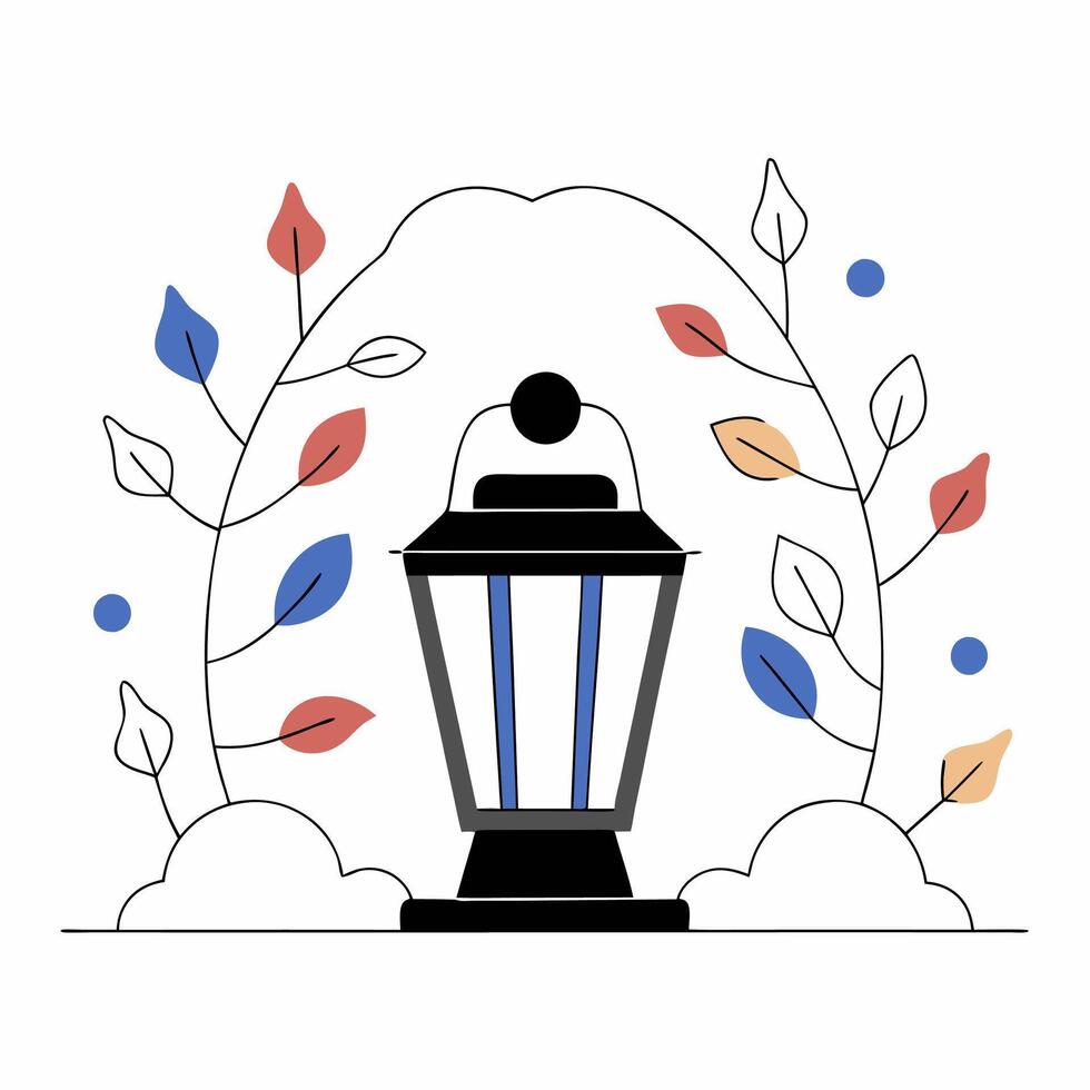 Autumn Lantern Black and Blue Fall Leaves Garden Decor Graphic. vector