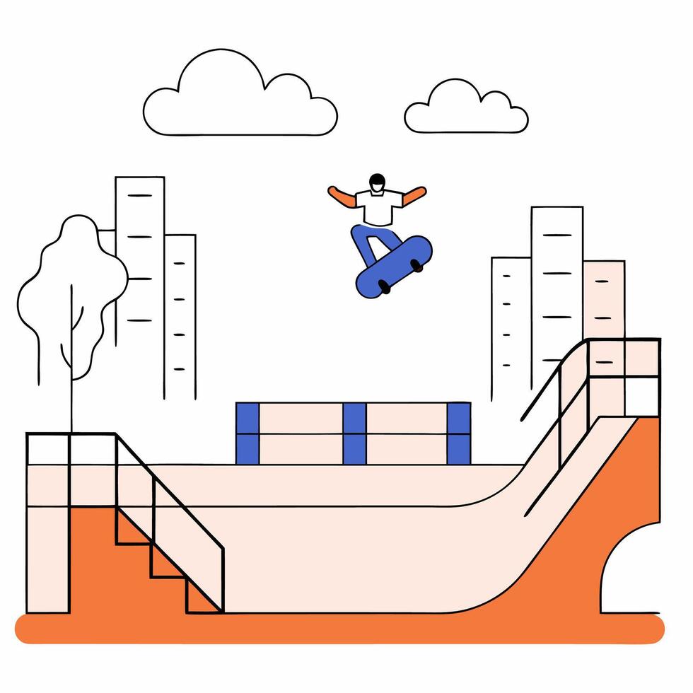 Skateboarding Action Urban Skate Park Illustration Bold Colors, Clean Lines. vector