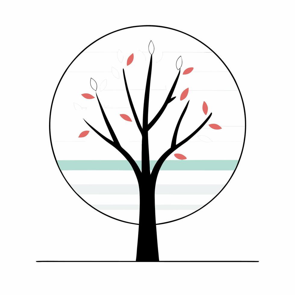 Minimalist Autumn Tree Coral Leaves, Black Branches. vector
