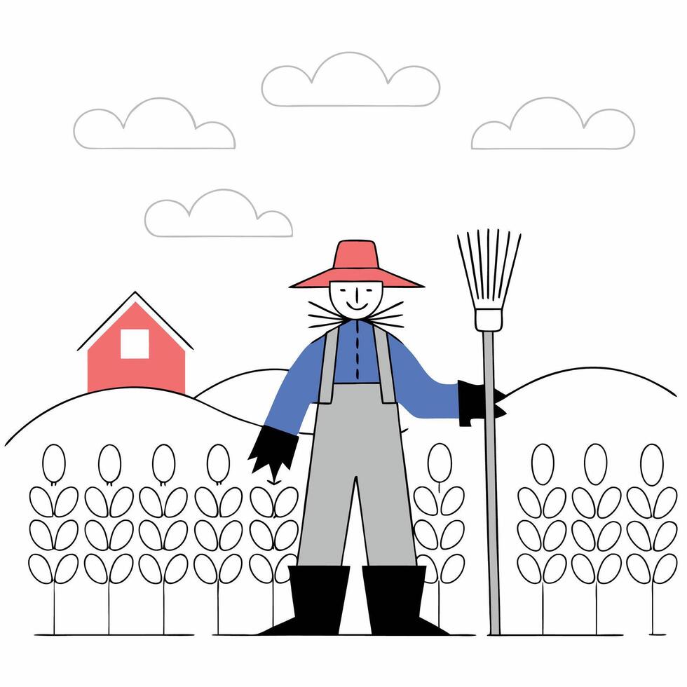 Smiling Farmer with Rake Minimalist Line Art Illustration Agriculture Harvest Autumn. vector