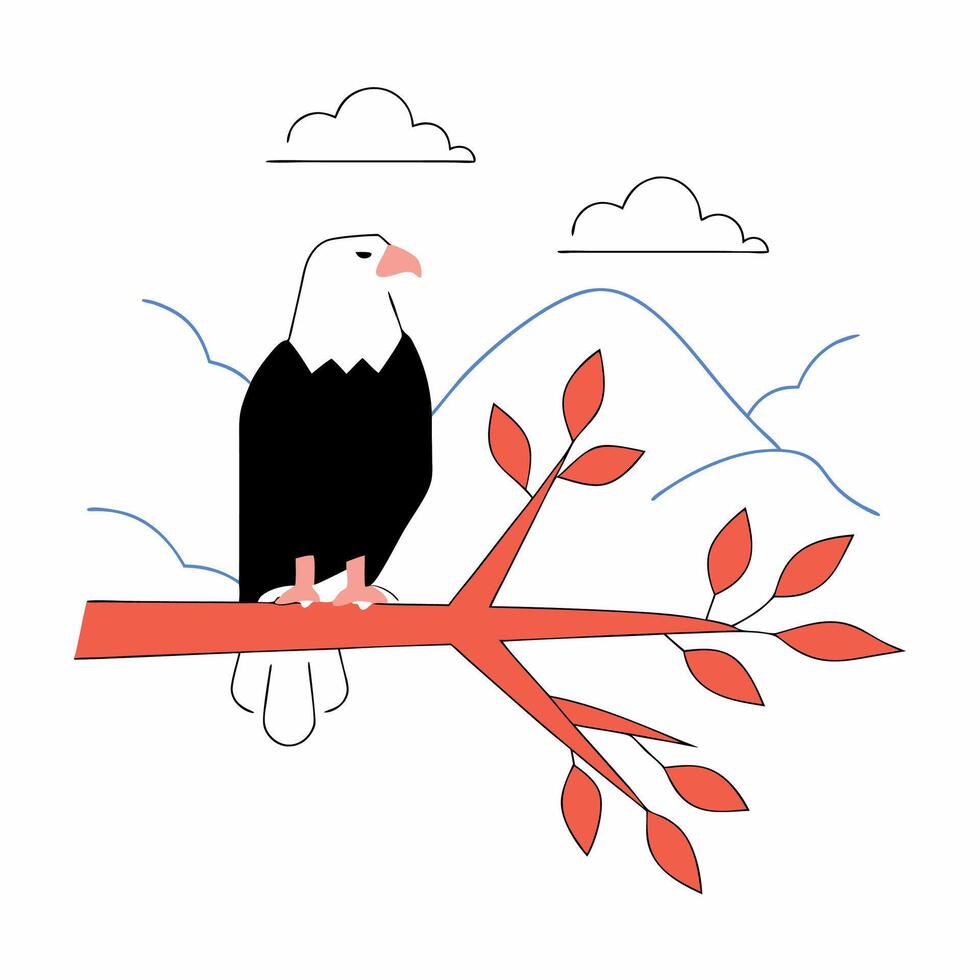 Bald Eagle on Branch Minimalist Autumn Wildlife Illustration. vector