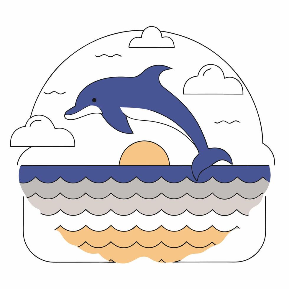 Dolphin Sunset Jump Minimalist Line Art Ocean Illustration. vector