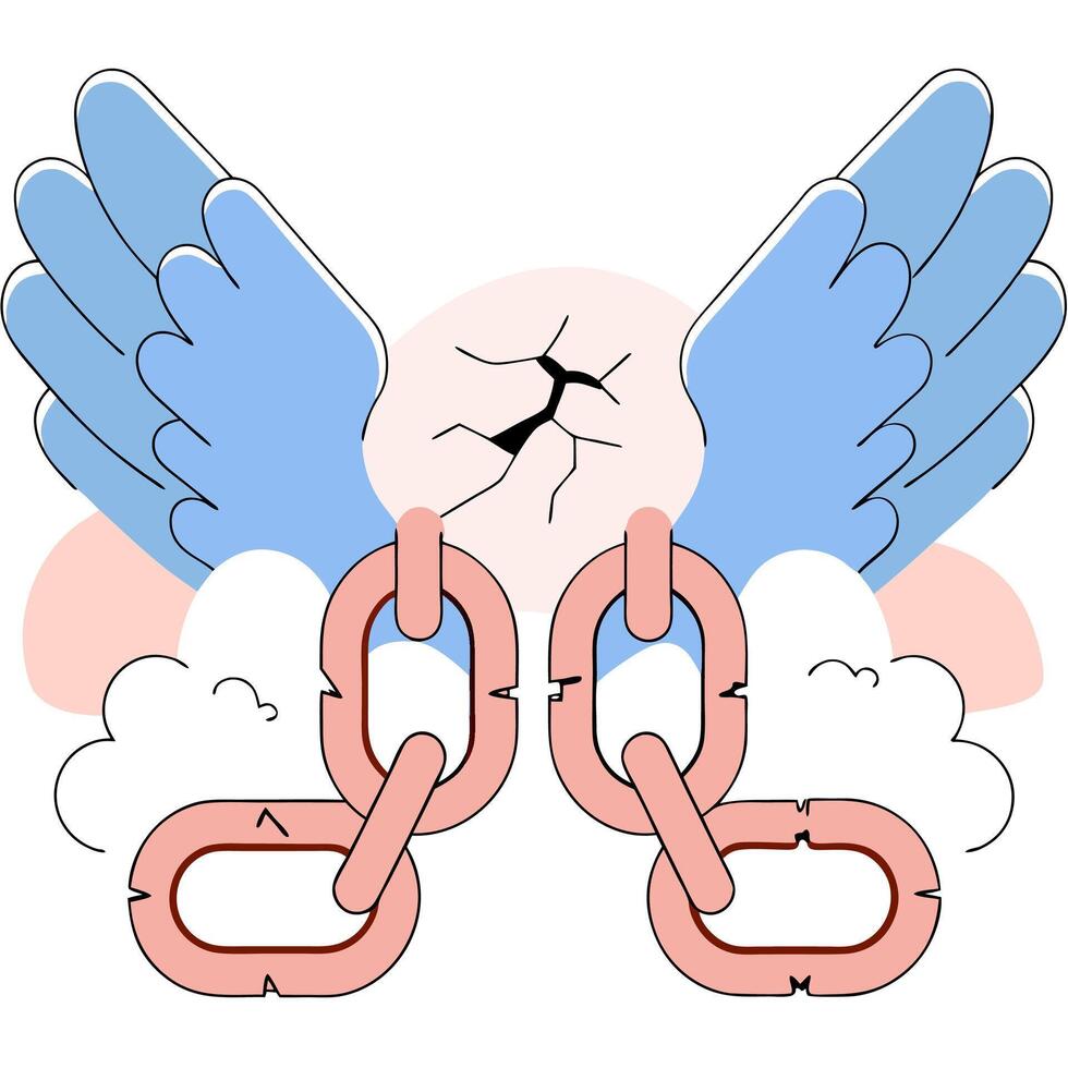 Broken Chains Angel Wings Illustration Pastel Pink and Blue Freedom Graphic. vector