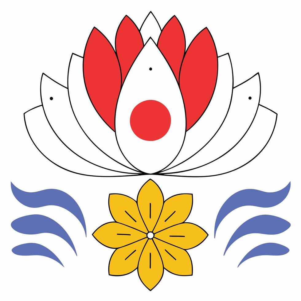 Red Yellow Lotus Flower Design Floral Illustration with Waves. vector