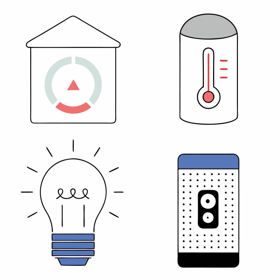 Smart Home Icons Minimalist Line Art House, Thermostat, Lightbulb. vector