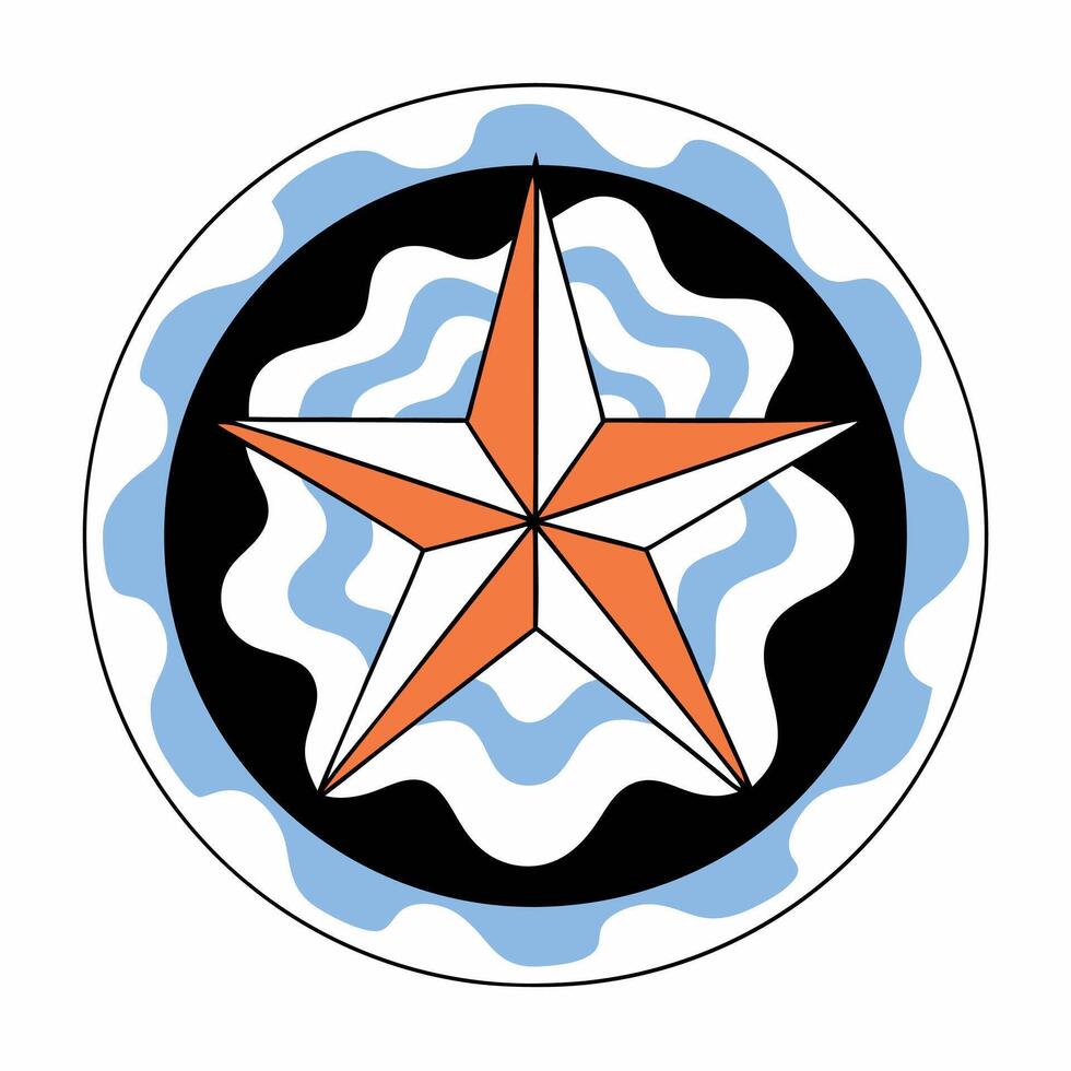 Nautical Star Graphic Orange Retro Star with Waves. vector