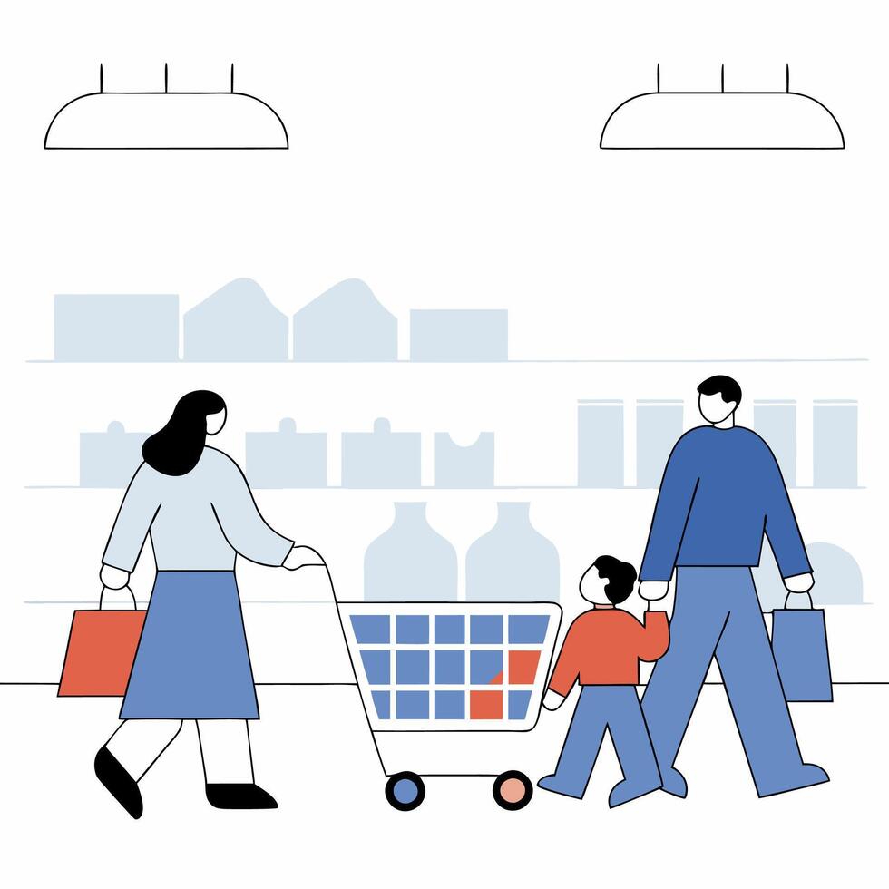 Family Grocery Shopping Colorful Line Art Illustration. vector