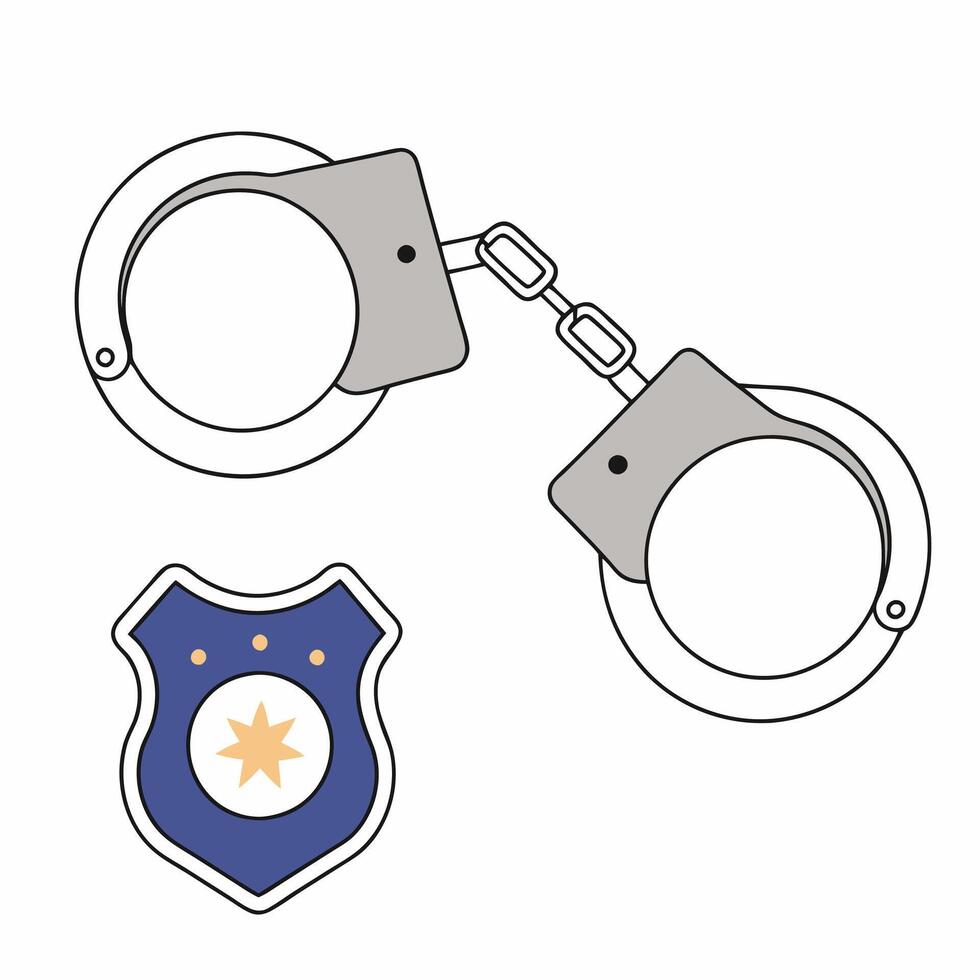 Handcuffs and Police Badge Illustration Simple Design, Gray and Blue. vector