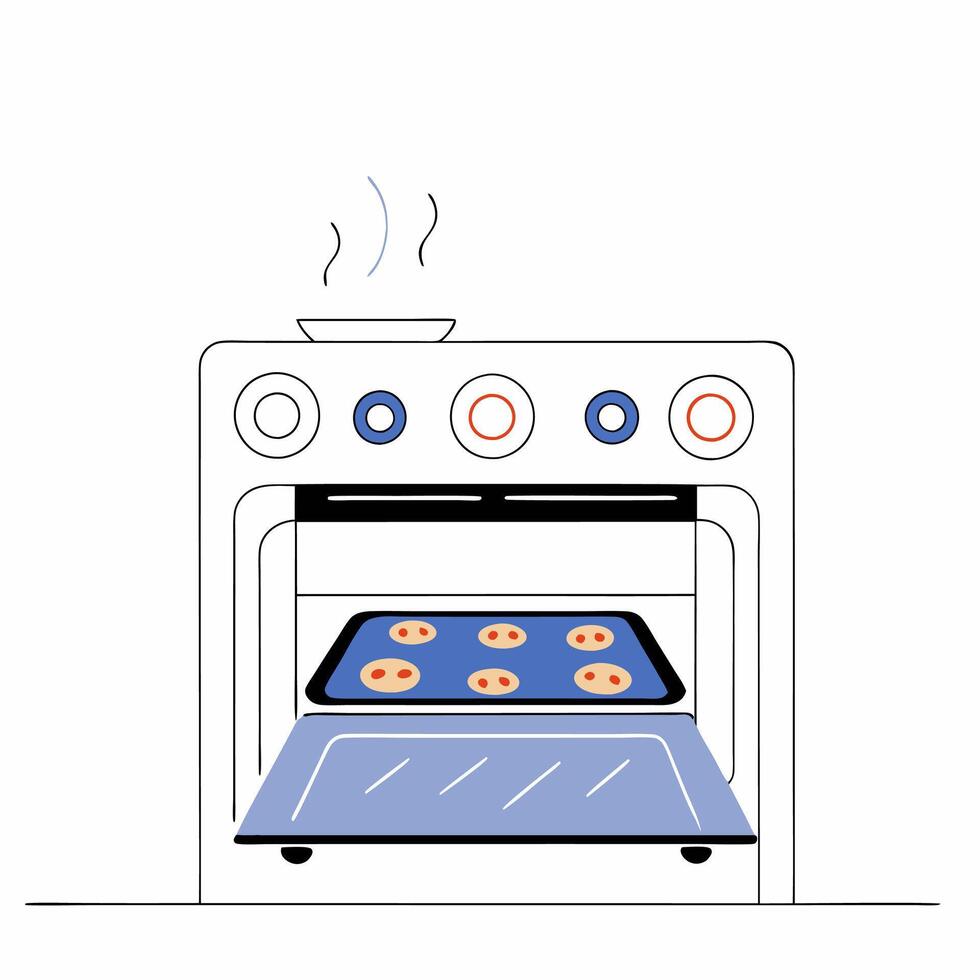 Baking Cookies in Oven Delicious Homemade Treats Illustration. vector
