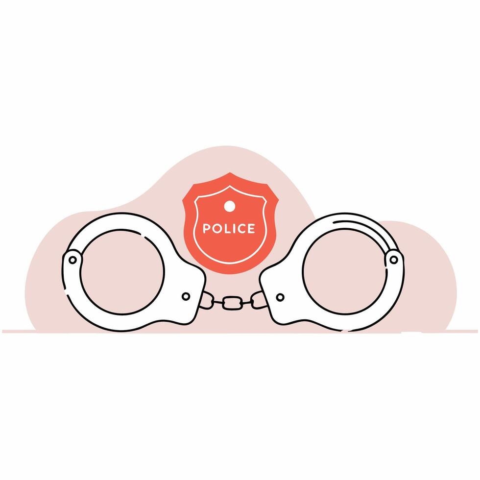 Police Handcuffs Illustration Minimalist Design, White Metal, Red Badge. vector