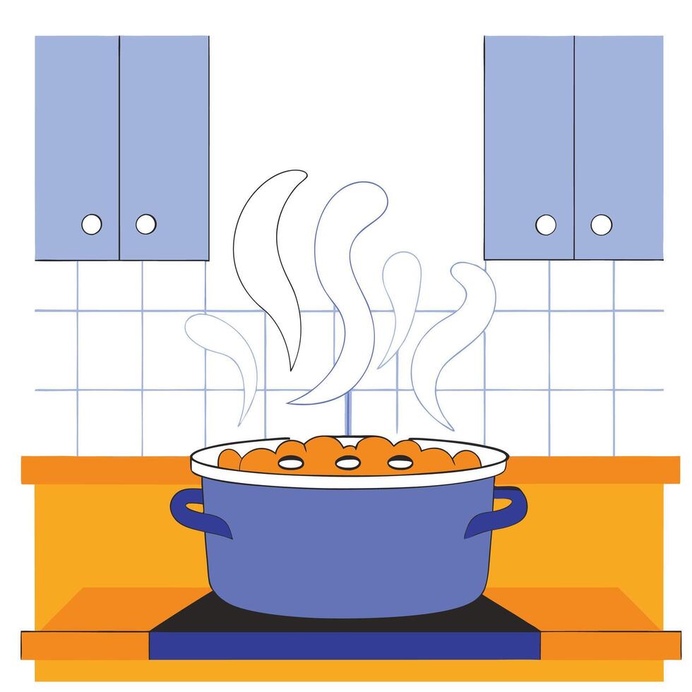 Steaming Pot of Food, Kitchen Illustration, Home Cooked Meal, Warm Colors. vector