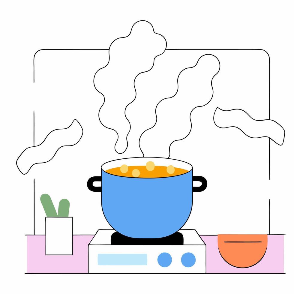 Simmering Soup Illustration Minimalist Kitchen Scene Blue Pot. vector