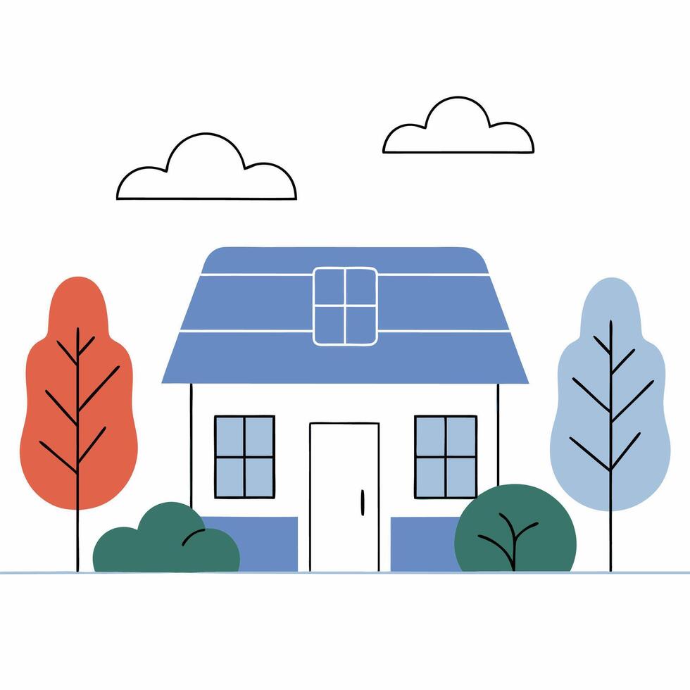 Minimalist Blue House Illustration Simple Home Design, Graphic. vector