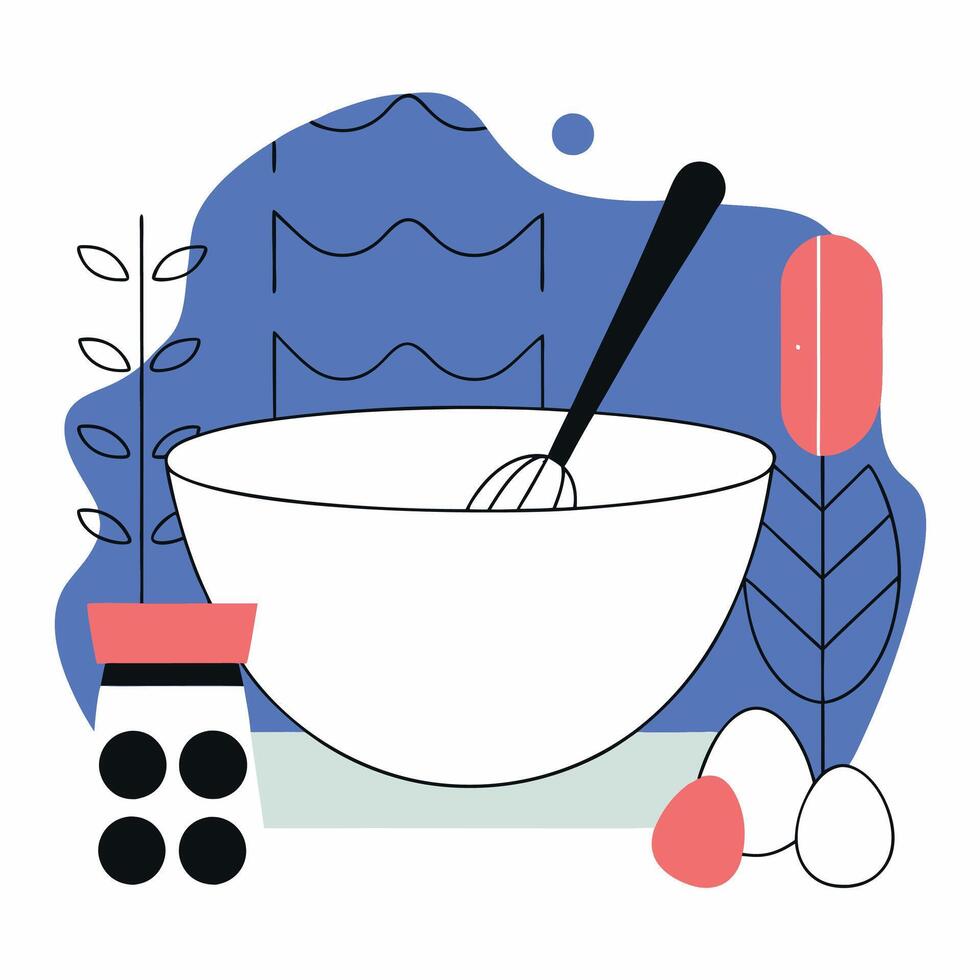 Pastel Kitchen Baking Bowl Minimalist Illustration, Eggs, Whisk. vector